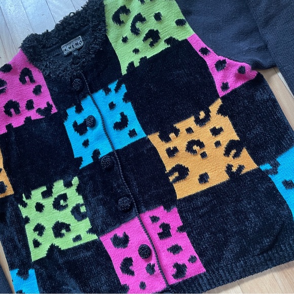 Vtg Berek by Takako Sakon Colorful Colorblock Leopard Cardigan - Sz XL - Picture 7 of 15